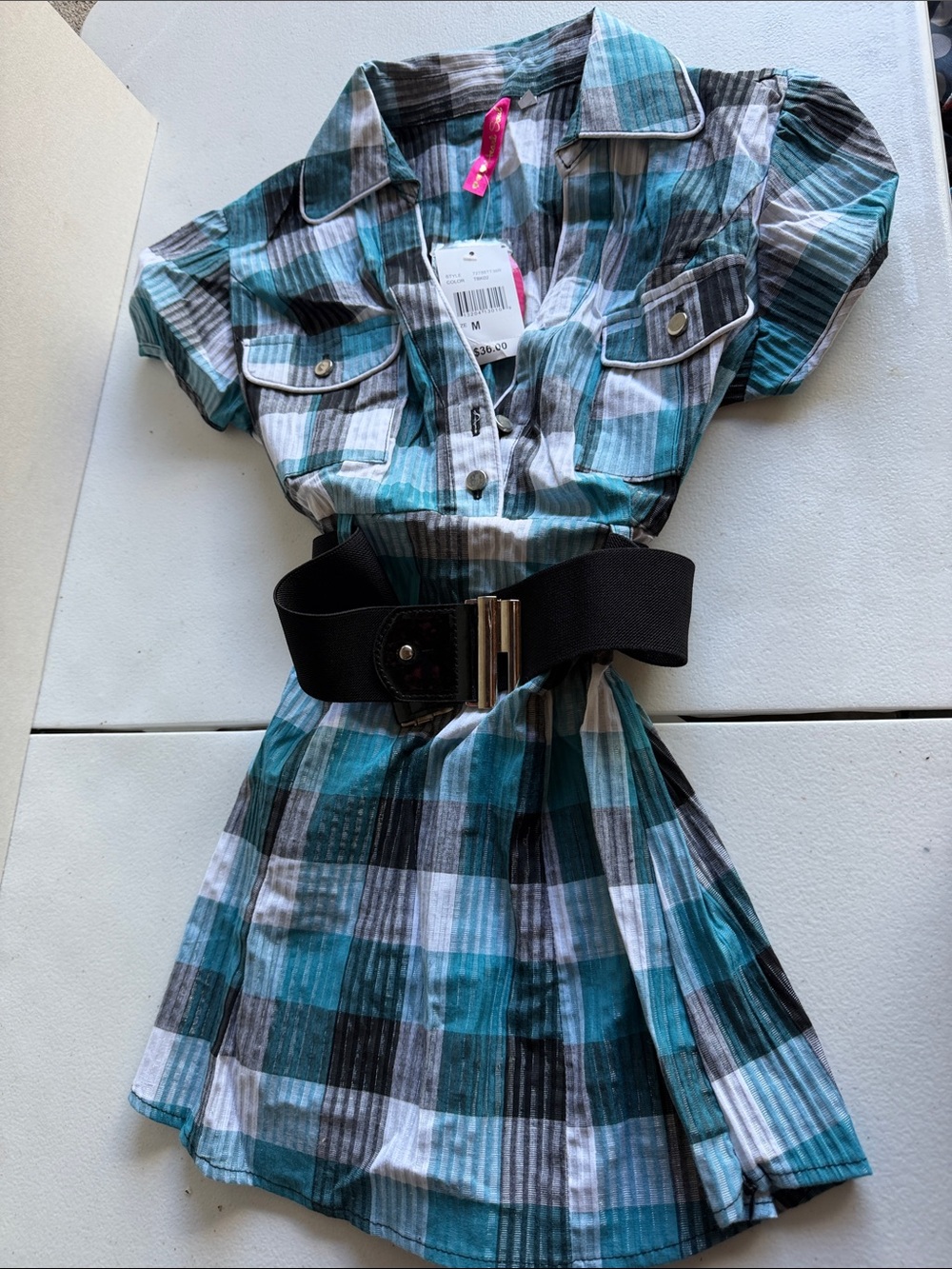 Heart Soul Teal Black White Plaid Girls Dress with Belt